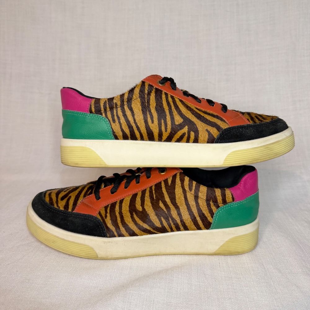 Tiger Print Calf Hair Colorblock Leather Low Top Platform Sneakers Multi Color